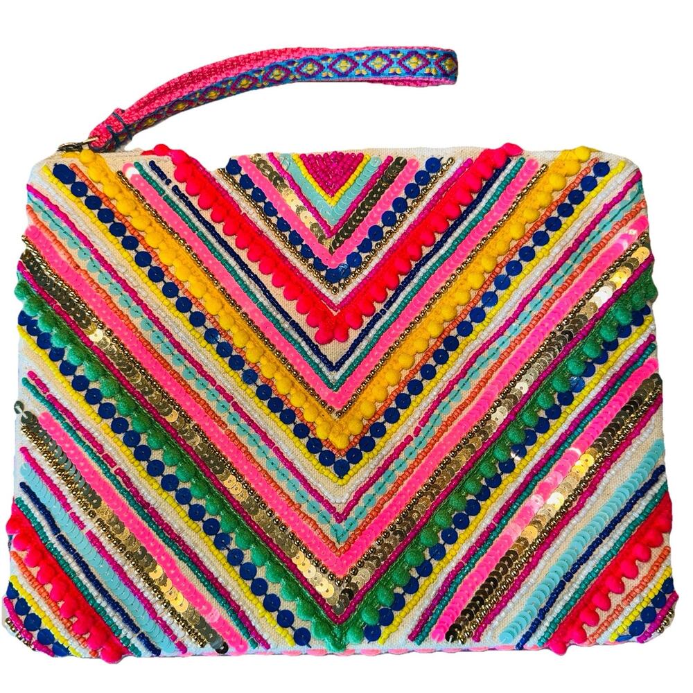 NWOT America & Beyond Hand Embellished Wristlet Bag Wallet Pouch 10x8" Boho Chic